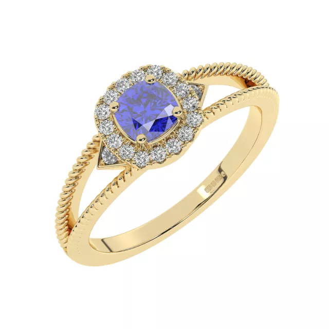 8MM Claw Set 100%Natural Round Diamond & Blue Sapphire Halo Ring 18K Yellow Gold