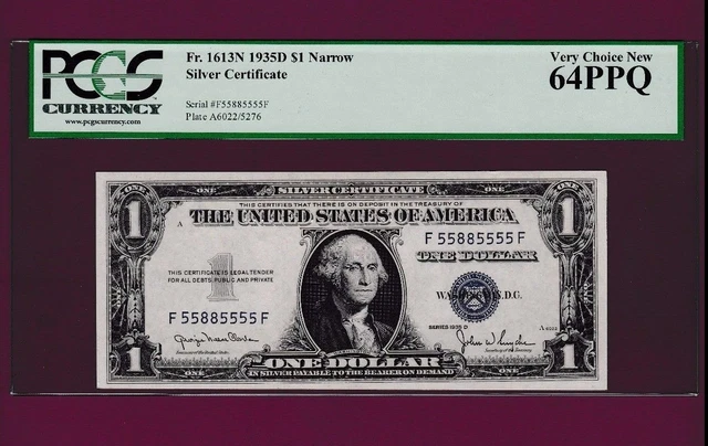 Fr.1613 N   $1  1935 D  SILVER CERTIFICATE NOTE TWO DIGITS SN W 55885555 F PCGS