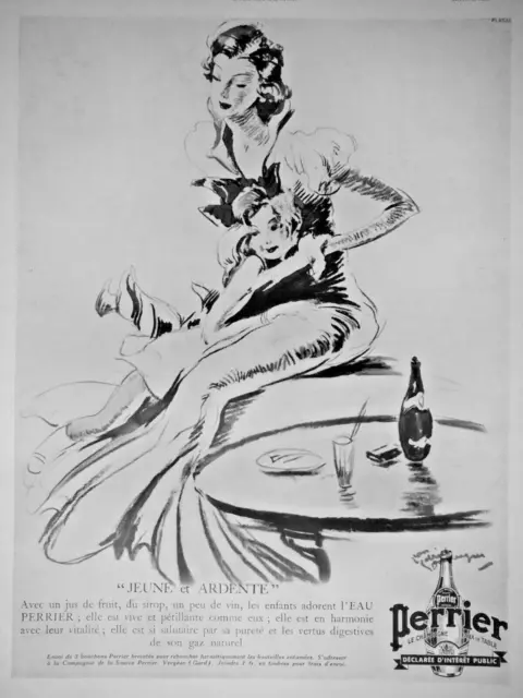 PUBLICITÉ PRESSE 1936 PERRIER CHAMPAGNE DES EAUX DE TABLE JEUNE J-G Domergue