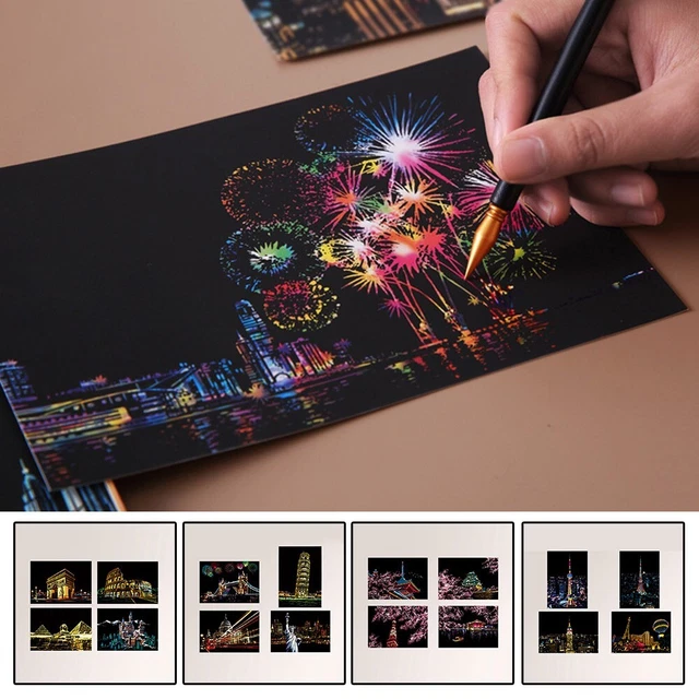 4 niños hágalo usted mismo cuadros de arañazos ciudades escenas nocturnas dibujos de edificios regalos conjunto