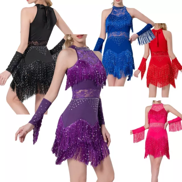 Womens Lace Patchwork Tassel Latin Dance Dress with Underpants Cuffs Outfit