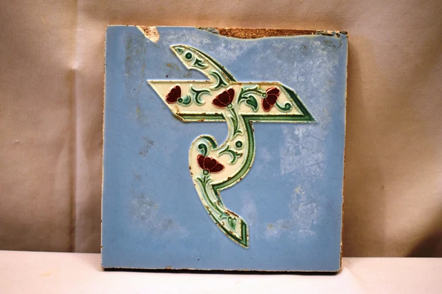 Antique Ceramic Tile Majolica Art Nouveau Floral "Re" Of Hare Krishna Gwalior"36