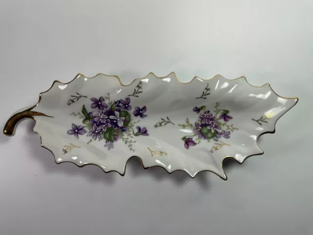 Vintage Arnart Porcelain 10".5 Leaf Shaped Purple Violet Gold Trim Trinket Dish