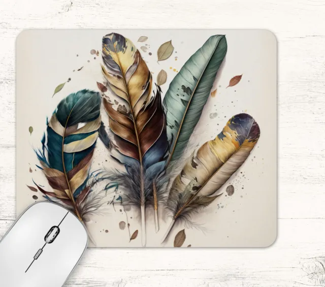 Watercolour Feathers Design Neoprene Mouse Pad Mat Non Slip Rectangle
