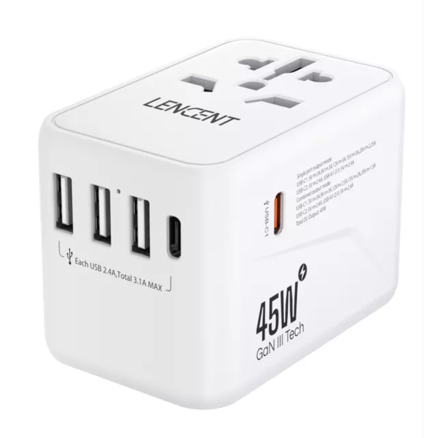 LENCENT Universal Travel Adapter w/ USB C PD 45W Multi Plug Charger EU UK US AU