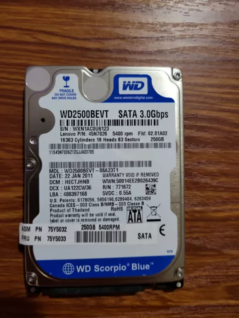 Western Digital WD2500BEVT-08A23T1 DCM:HECTJHBB 250gb 2.5" Sata hard drive