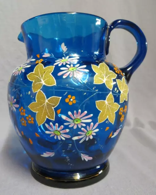 Very lovely late 19th century Victorian hand-enamelled blue glass water jug