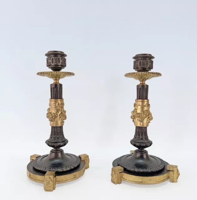 Antique French Napoleon III, Henri Picard Pair Black & Gold Bronze Candlesticks
