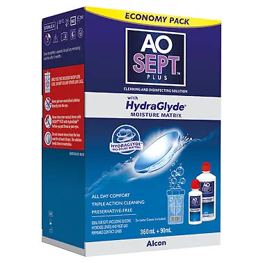Aosept Plus Contact Lens Cleaning Solution HydraGlyde Economy Pack 360ml+90ml