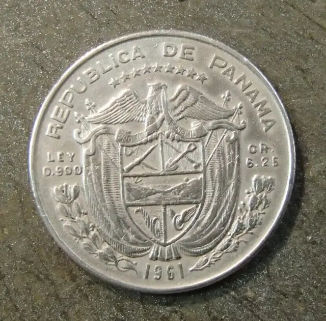 1961 Panama 1/4 Balboa Silver Coin Nice High Grade Circ. Km-25 With .1808 Oz Act