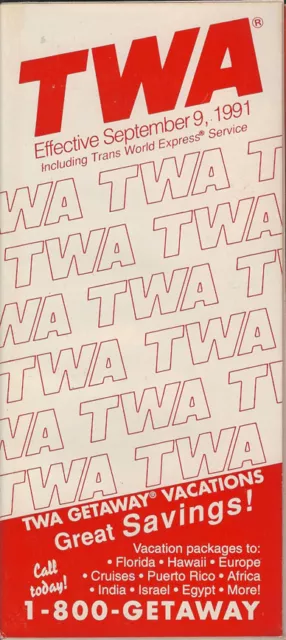 TWA Trans World Airlines system timetable 9/9/91 [308TW] Buy 4+ save 25%