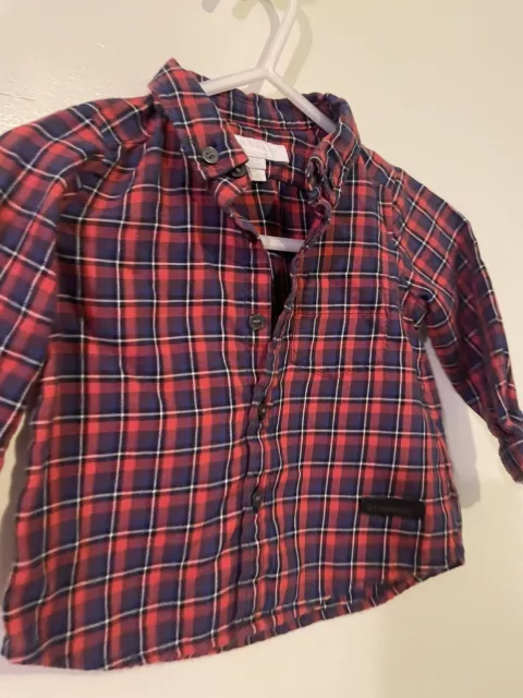 BURBERRY Children, 6 Month Red & Navy  Plaid Button Up with Leather Burberry Tag