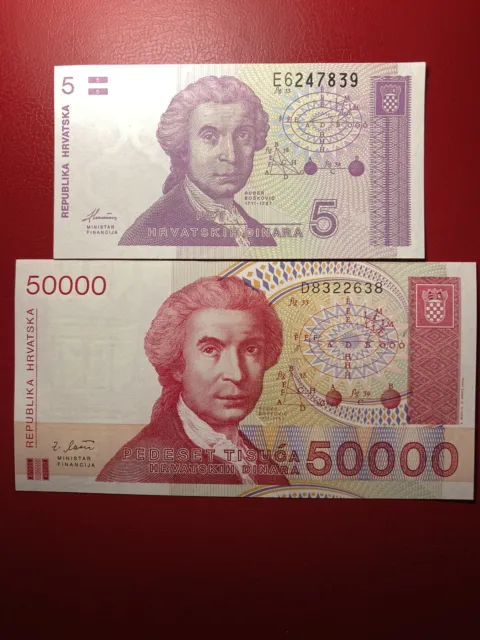 Croatia banknotes 1991 5  Dinara P-17a, 1993 50000 Dinara P-26a. UNC