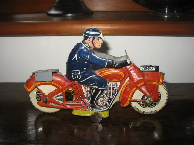 NICE METTOY POLICE MOTORCYCLE TIN TOY WINDUP ENGLAND 1930's TINPLATE tippco like