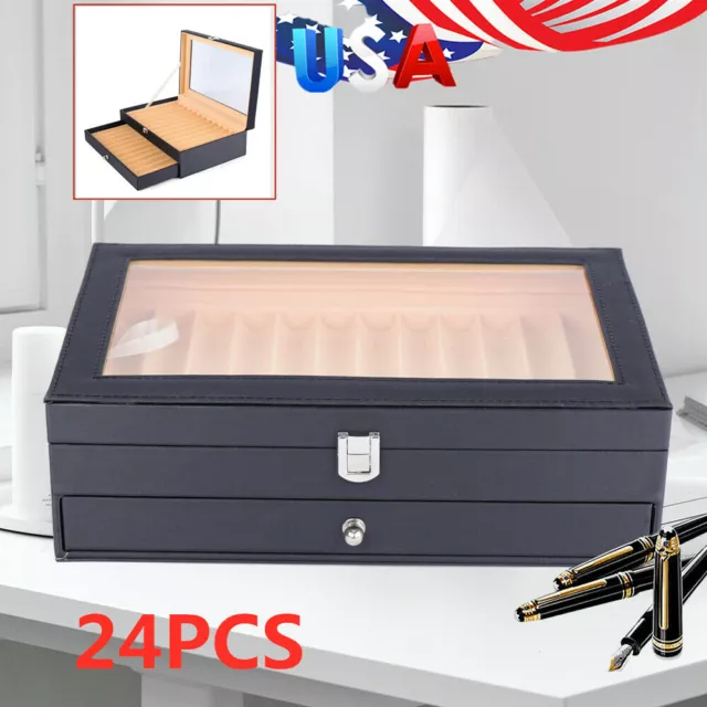 24 Fountain Pen Display Box Holder Leather Storage Collector Organizer Box Gift