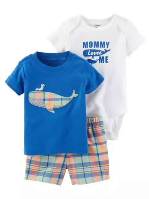 Carters Infant Boys Plaid & Blue Whales Baby Outfits Bodysuit Shirt & Shorts