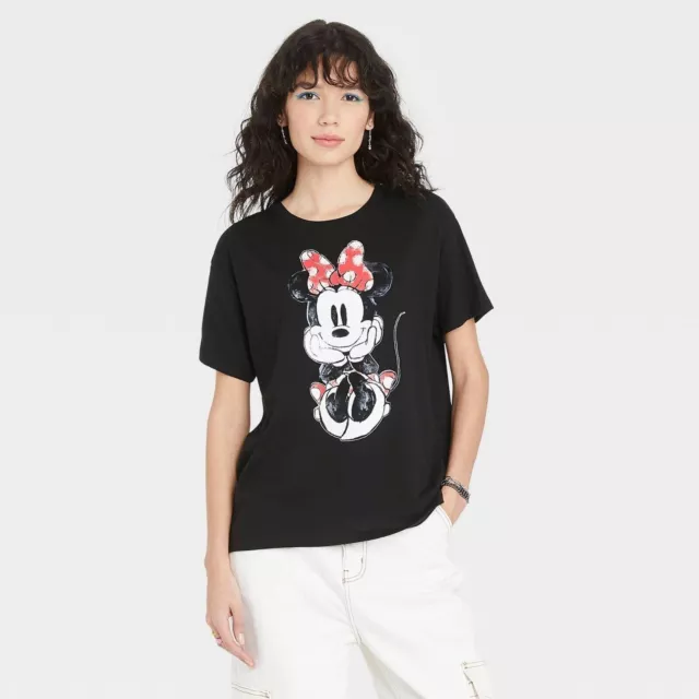 Disney Minnie Mouse Women's Short Sleeve Graphic T-Shirt Black Size Medium