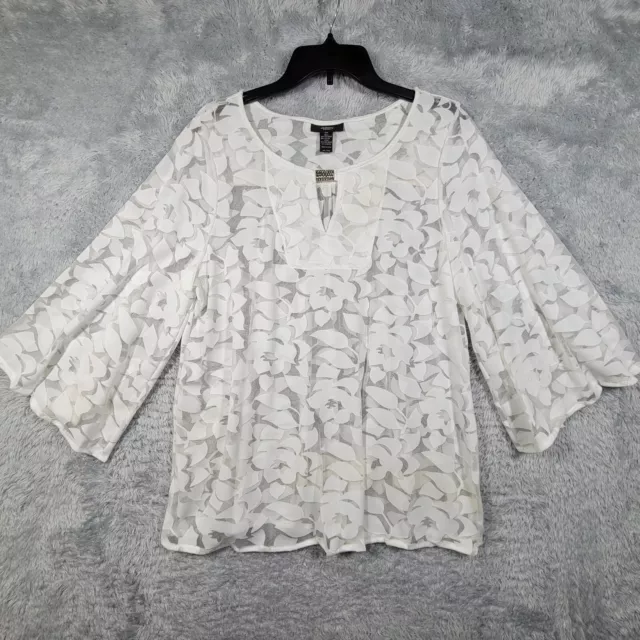 Alfani Shirt Womens 0X White Floral Sheer Burnout Keyhole Neck 3/4 Bell Sleeve