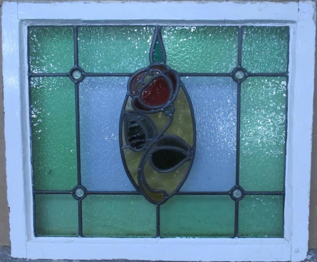 MIDSIZE OLD ENGLISH LEADED STAINED GLASS WINDOW Gorgeous Rose 24.5" x 20.75"