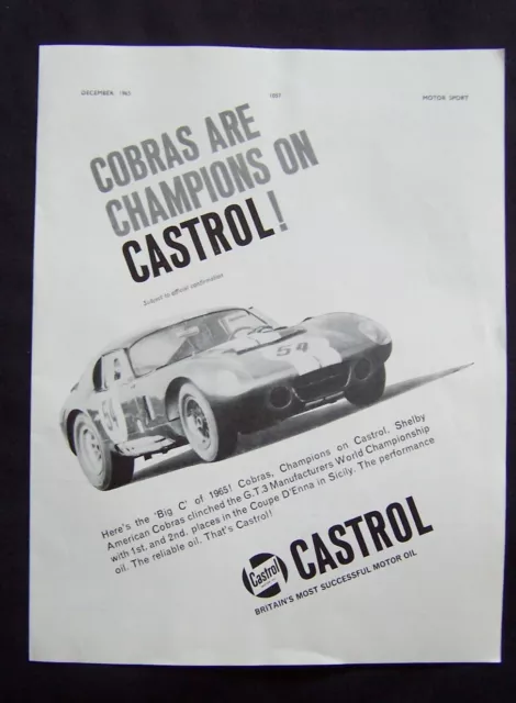 Shelby Cobra Race Success On Castrol 1965 Original Vintage Advert