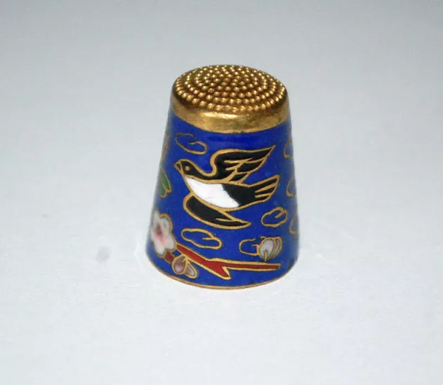 VTG Handcrafted Cloisonne Enamel Brass Thimble Bird Floral Design COLLECTIBLE