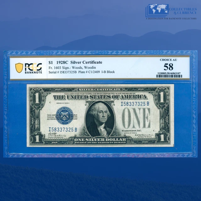 Fr.1603 1928C $1 Silver Certificate Scarce I/B Block, "FUNNYBACK", PCGS 58 #7325