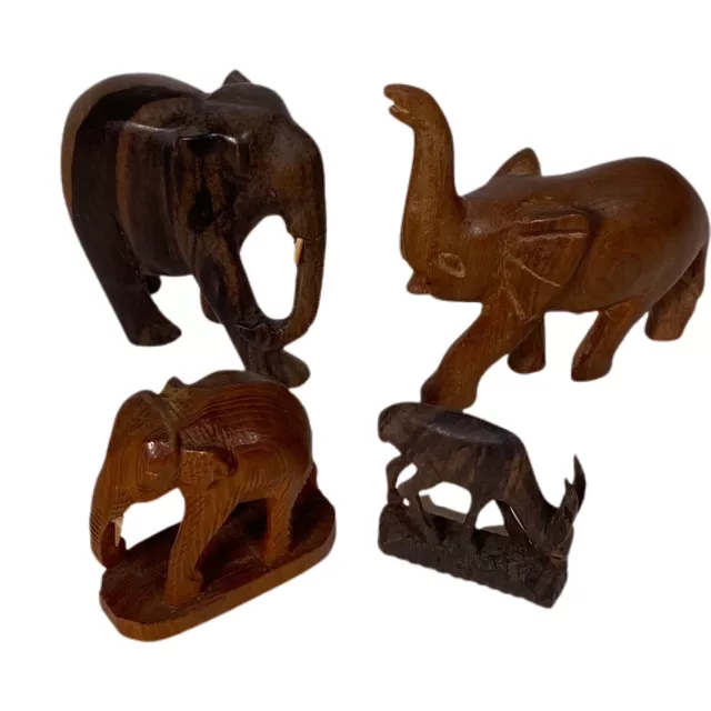 4 Vintage Carved Wood African Antelope & Elephants - 1 Genuine Besmo Elephant
