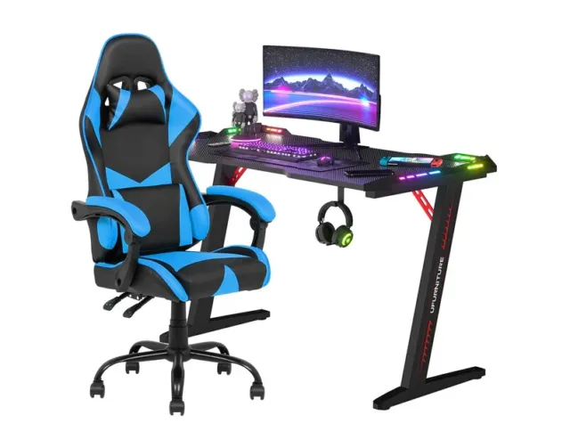 Gaming Desk RGB LED Light & Gaming Chair Tilt 135° - Blue