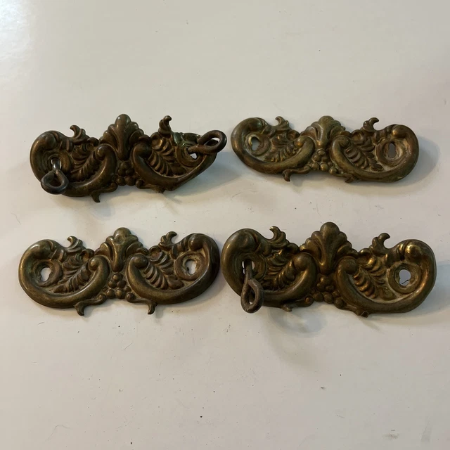 Vintage Brass Drawer Pulls Cabinet Hardware Back Plates lot of 4