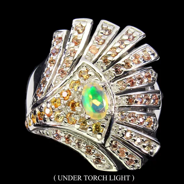 Unheated Oval Fire Opal 6x4mm Sapphire Diamond Cut 925 Sterling Silver Ring 9