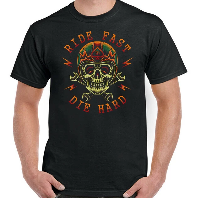 Mens Biker T-Shirt Skull Motorbike Motorcycle Chopper Cafe Racer Bike Ride Fast