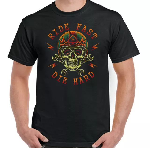 Uomo Biker T-Shirt Teschio Motocicletta Chopper Cafe Racer Moto Ride Fast