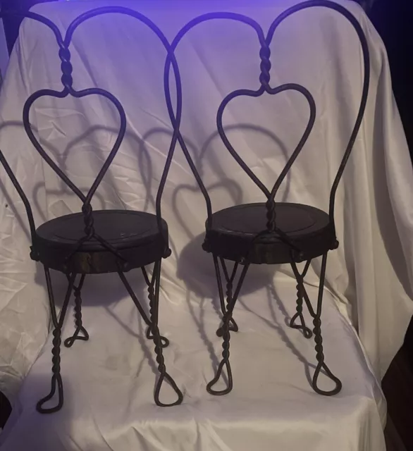 AntiqueSmall Childs Or Doll Ice Cream Parlor Chairs (2) With Heart 17.5 Inches