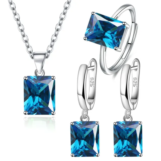 Women 925 sterling Silver earrings necklace ring blue square zircon jewelry set