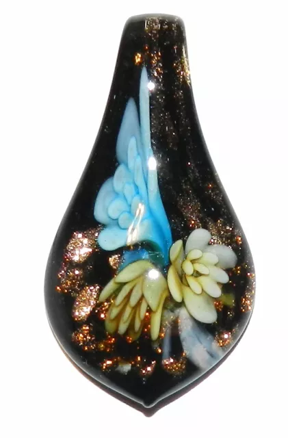P1199 Yellow Blue Flower Gold Sparkle 55mm Lampwork Glass Spoon Drop Pendant
