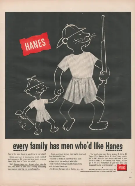 1955 Hanes Family Clothing Briefs Men Boys Underwear Cat Hunting Print Ad