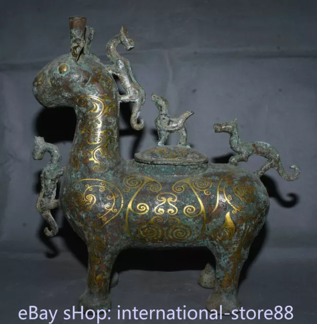 14.8" Old China Bronze Gilt Palace Dynasty Deer Horse Beast Zun Drinking Vessel