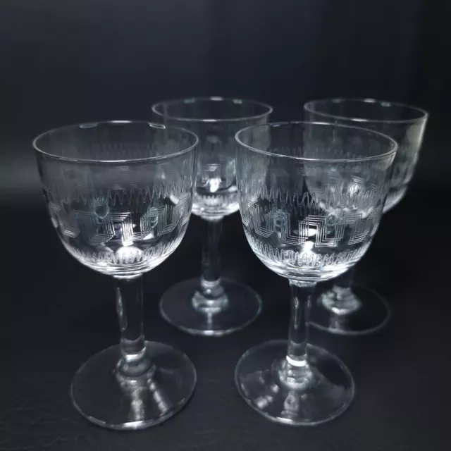 4 Edwardian Etched Glass Port/Sherry Glasses | Greek Key Design Vintage/Antique