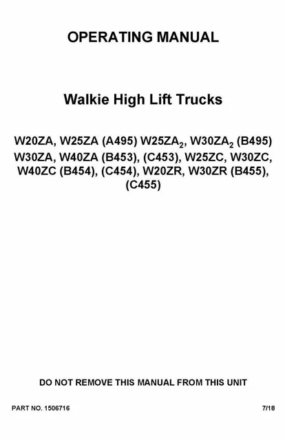 Hyster Walkie Reach Stacker Operators Manual (98 Pages) - Part Number: 1506716