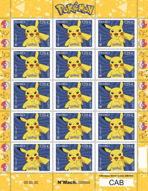 Planche de 15 Timbres Pokemon Collection Pikachu French Post Stamps Van Gogh