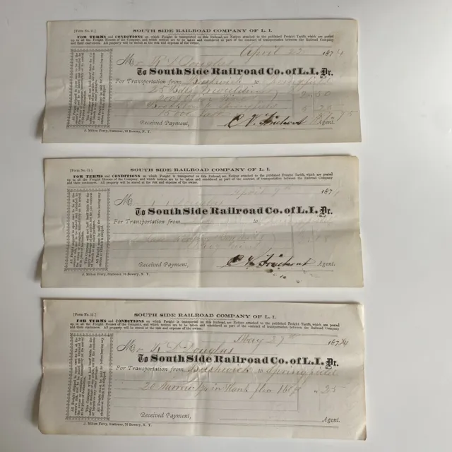 Antique Railroad Ephemera 1874 (3) Freight Receipts South Side RR Co Of L.I. NY