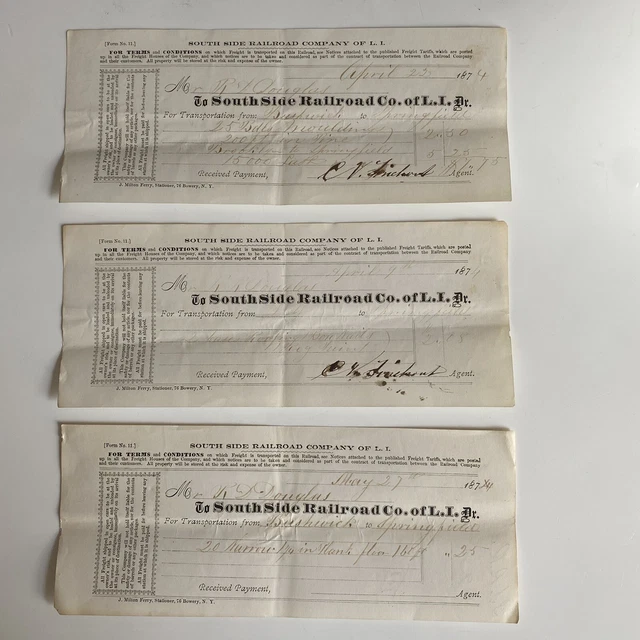 Antique Railroad Ephemera 1874 (3) Freight Receipts South Side RR Co Of L.I. NY
