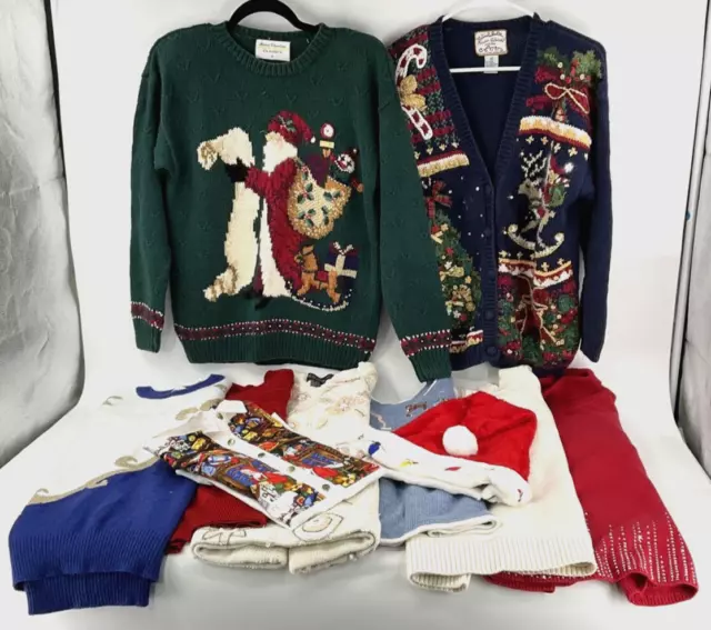 Lot Of 10 Vintage 80s Christmas Sweaters Mixed Sizes & Styles Shoulder Pads Hat