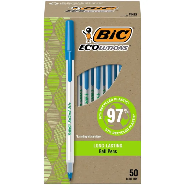 BIC Ecolutions Round Stic Ballpoint Pen Blue Ink 1mm Medium 50/Pack GSME509BE