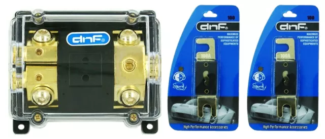 Dual Anl Fuse Holder 0 2 4 Awg 1-In & 2 4 Awg 2-Out + Free 2Pc Anl 100 Amp Fuses