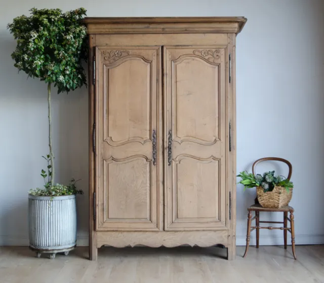 Antique French 19C Oak Double Wardrobe / Armoire with Shelf and Hanging Rail