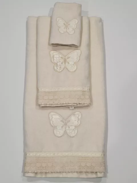 Vintage 3pc Bath Towel Set Hand Washcloth Butterfly Lace Trim Bathroom Decor