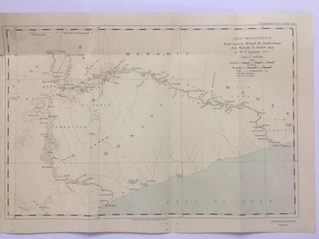 Original 1934 Map ADEN ROUTE TRAVERSE Hadhramaut Mukalla Seihut 17in x 11.50in