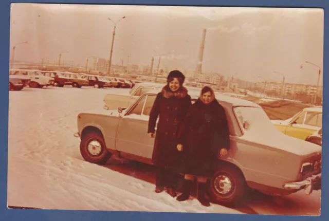 Pretty Women in the snow near a Zhiguli car Soviet Vintage Photo USSR