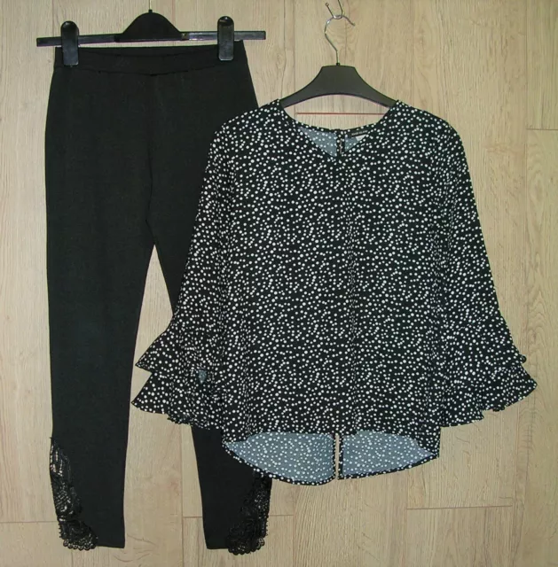 RIVER ISLAND Girls Black Leggings Spotty Frill Sleeve Top Outfit Age 11-12 152cm